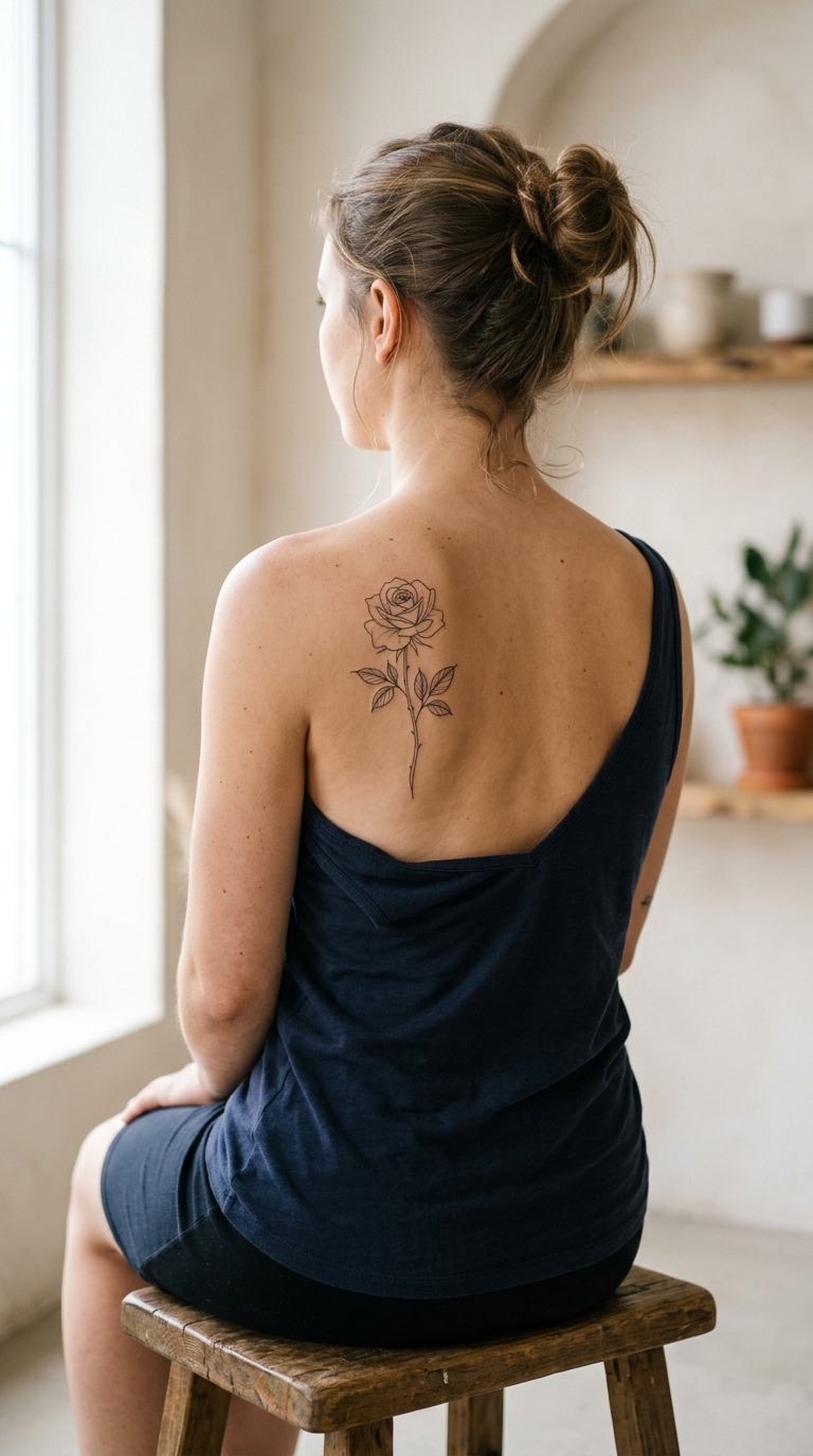 Rose Stem Down Spine tattoo idea for women