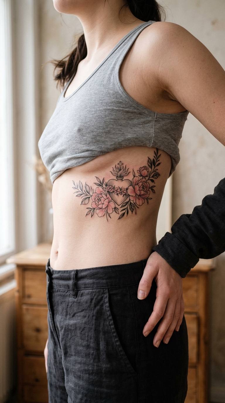 Delicate Floral Sacred Heart tattoo idea for women