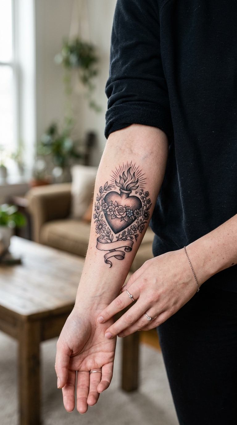 Floral Crown Heart tattoo idea for women