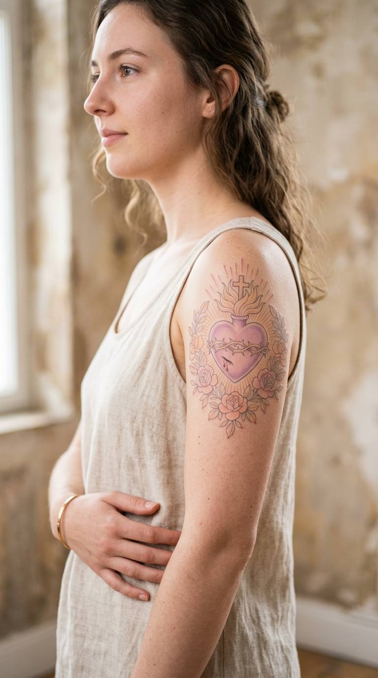 Pastel Sacred Heart tattoo idea for women