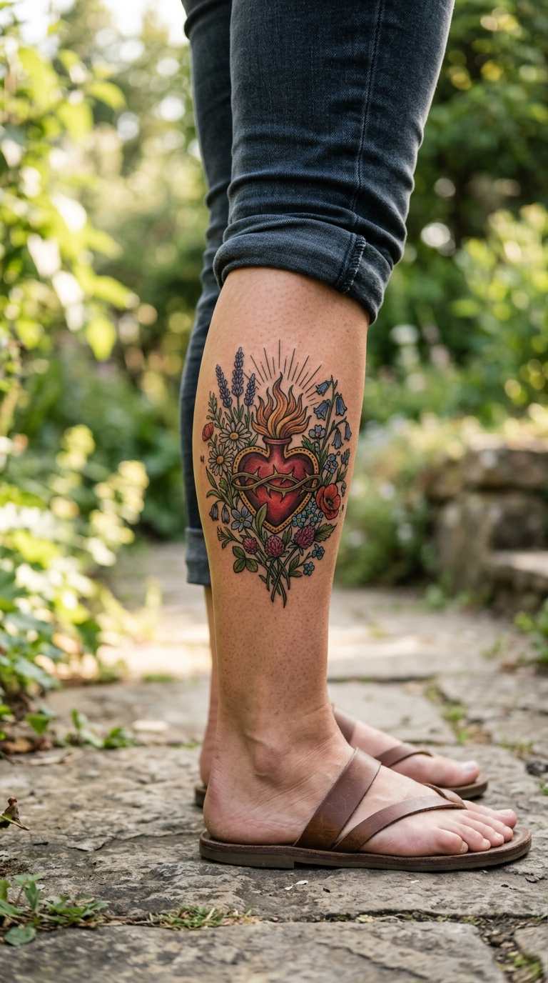 Sacred Heart with Wildflowers tattoo idea for women
