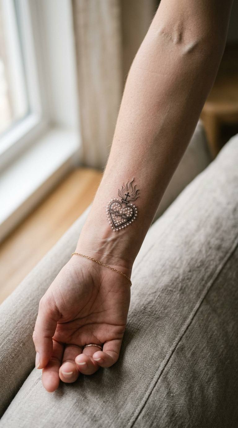 Sacred Heart with Pearls tattoo idea for women
