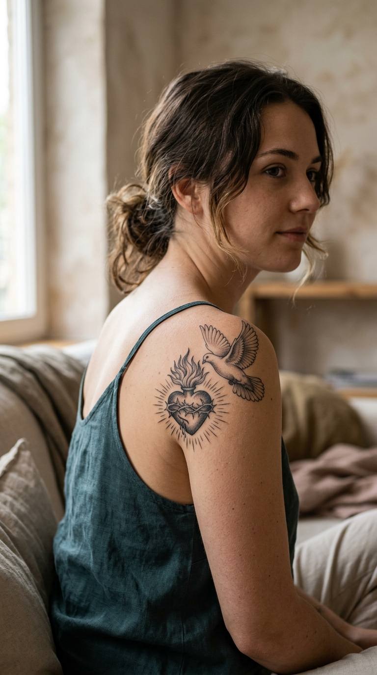 Sacred Heart and Dove tattoo idea for women
