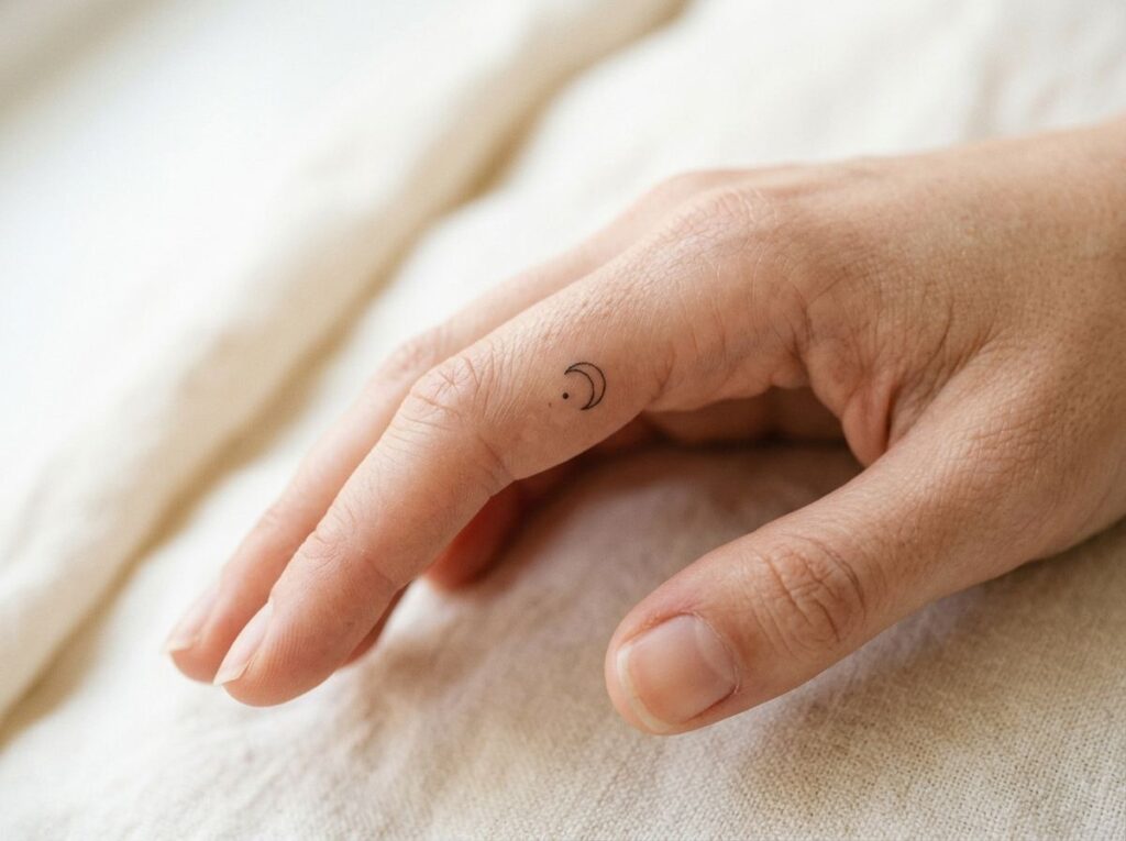 Tiny crescent moon tattoo on a finger