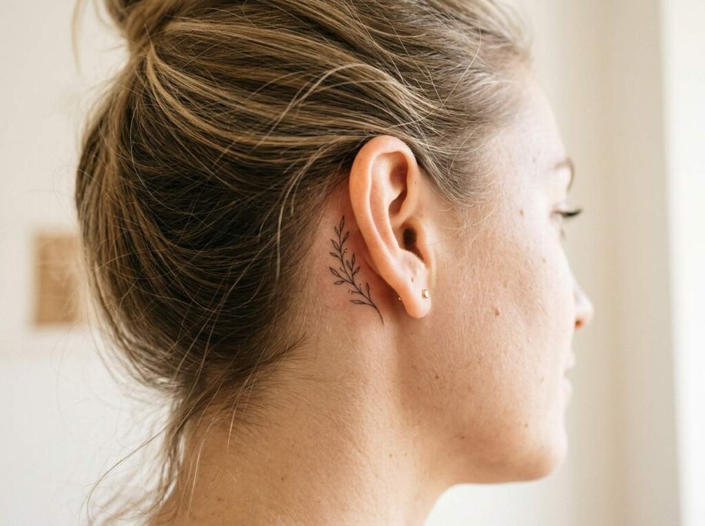 Small botanical branch tattoo behind the ear