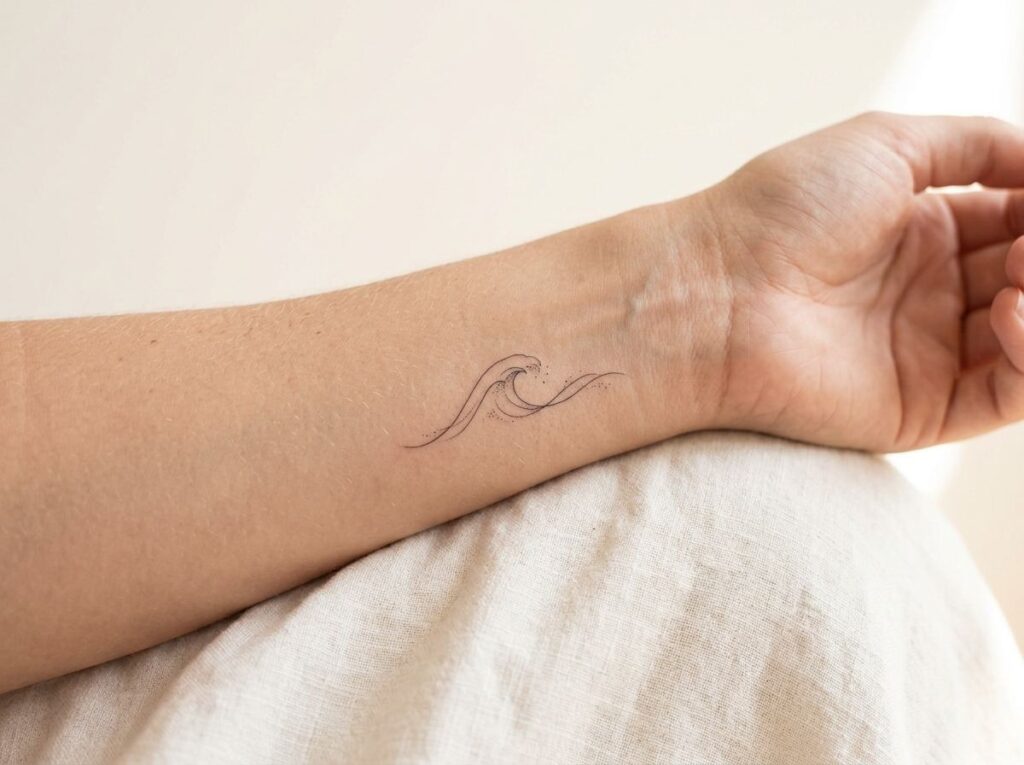 Fine line wave tattoo on the inner wrist