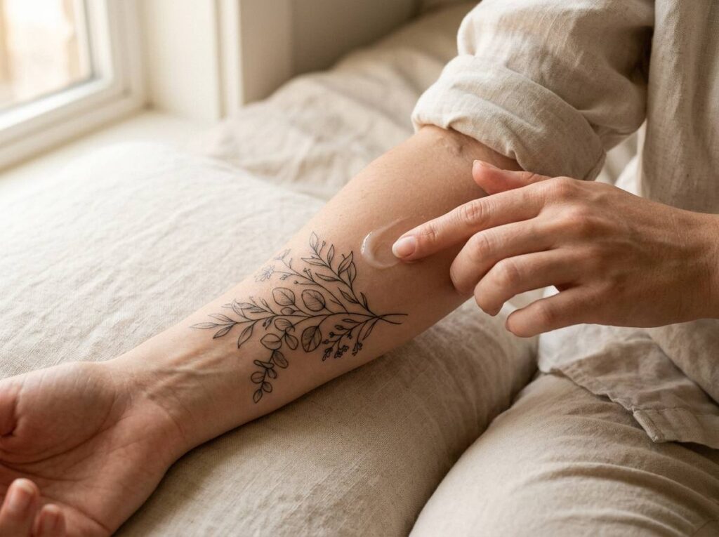 Fine line botanical leaf tattoo on the forearm
