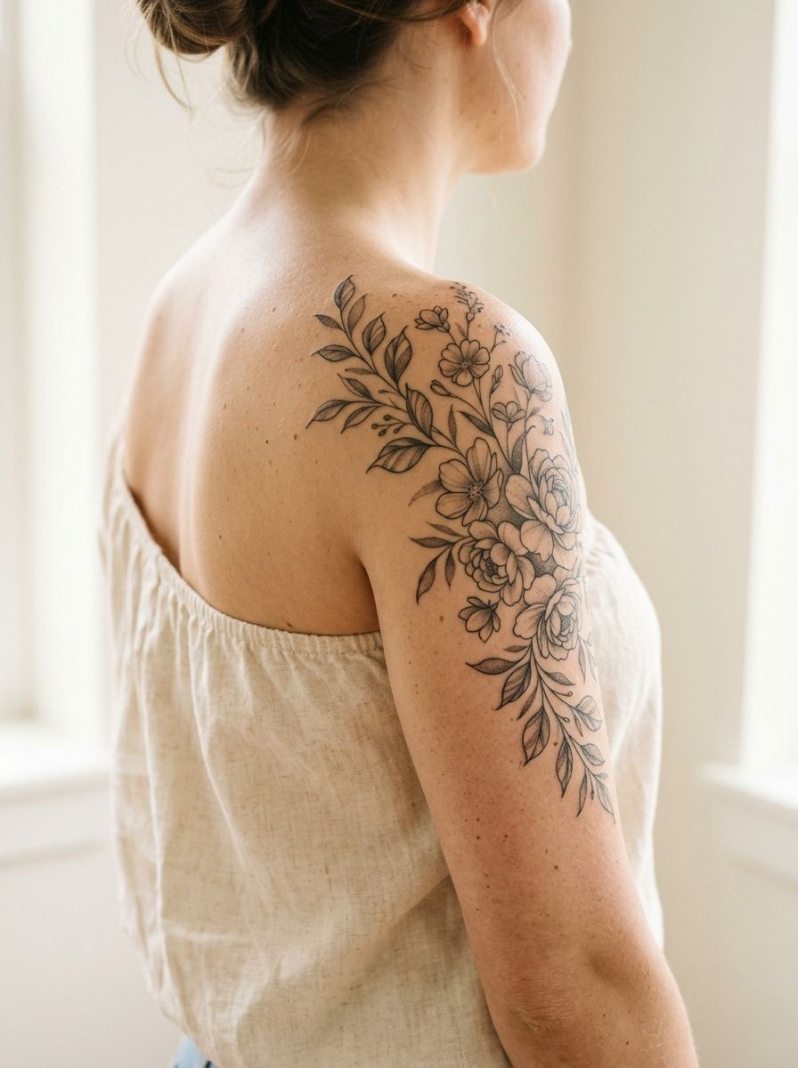 Botanical tattoo on the shoulder — tattoo placement idea