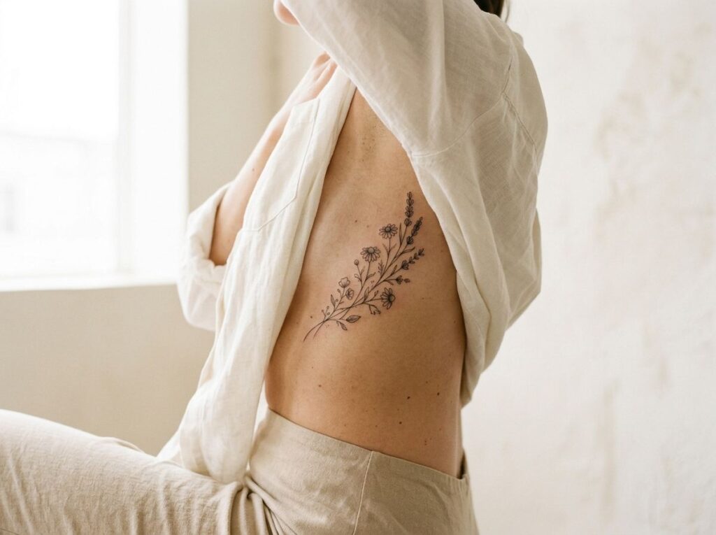 Delicate floral tattoo on the ribcage — tattoo placement idea