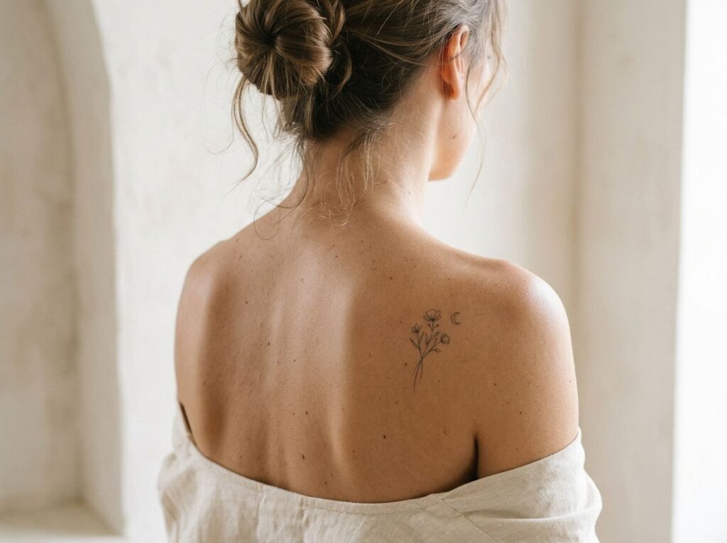 Small delicate tattoo on the upper back — tattoo placement idea